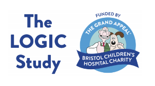 Logic study logo. "The logic study" appears as text to the left of an image of the animation characters Wallace & Gromit. The characters appear in a light blue circle with a dark blue ribbon banner cutting them off at the waist. "Funded by the Grand Appeal" appears in words above them, with "Bristol Children's Hospital Charity" appearing on the ribbon.