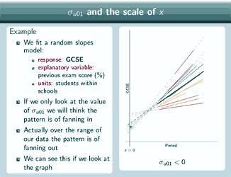 Slide with text repeated below and recap of graphs of the random intercept and random slopes models.