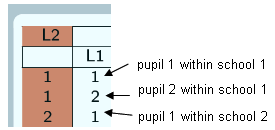 Close up of the row labels for level 1 and level 2 for the first 3 rows of the covariance matrix with explanation to follow