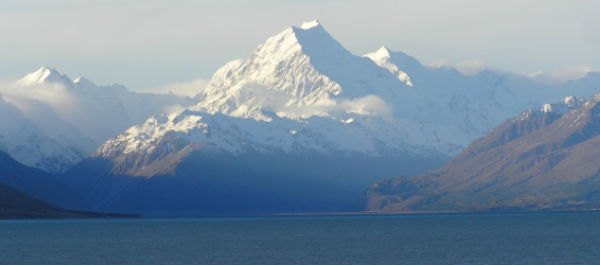 Snow-capped Mount Cook with Lake Pukaki in foreground, New Zealand