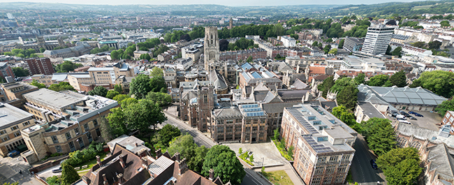 Image of campus from above, taken by a drone and featuring the Fry Building and Wills Memorial Building.