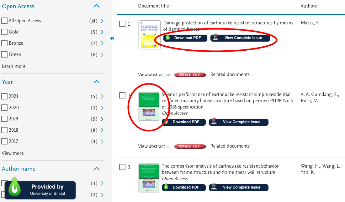 Shows a journal results page with circled "Download PDF. View Complete issue." and circled cover image of the journal.