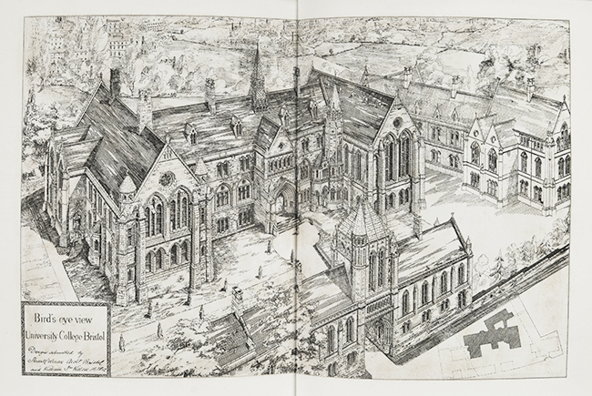 Illustration of a college and associated buildings in the gothic style.