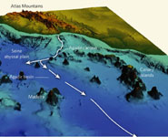 Bathymetric image showing the ocean floor off the northwest coast of Africa.