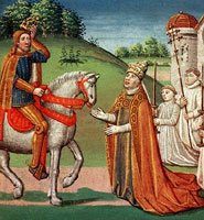 Pope Hadrian I (standing) seeking advice from Charlemagne