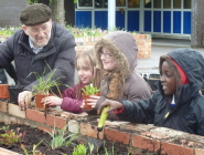 Volunteers embrace the wet weather as they finish their planter for the Seeds of Change project