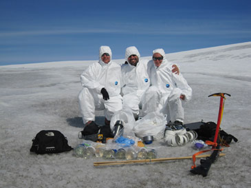 Image of Stefanie Lutz, Professor Liane G. Benning and Dr Alexandre Anesio on the Mittivakkat Glacier in Greenland