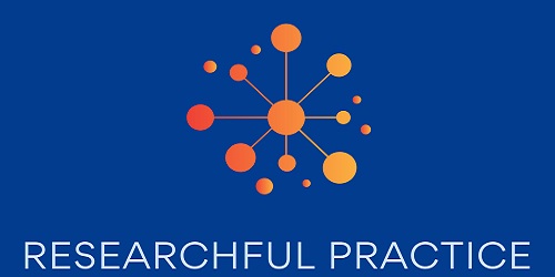 The 'Researchful Practice' logo. The words 'researchful practice' are written in white on a blue background, with an orange image of connected lines and spheres. 