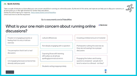 Mentimeter open ended activity embedded in Blackboard, with the question What is your one main concern about running online discussions?